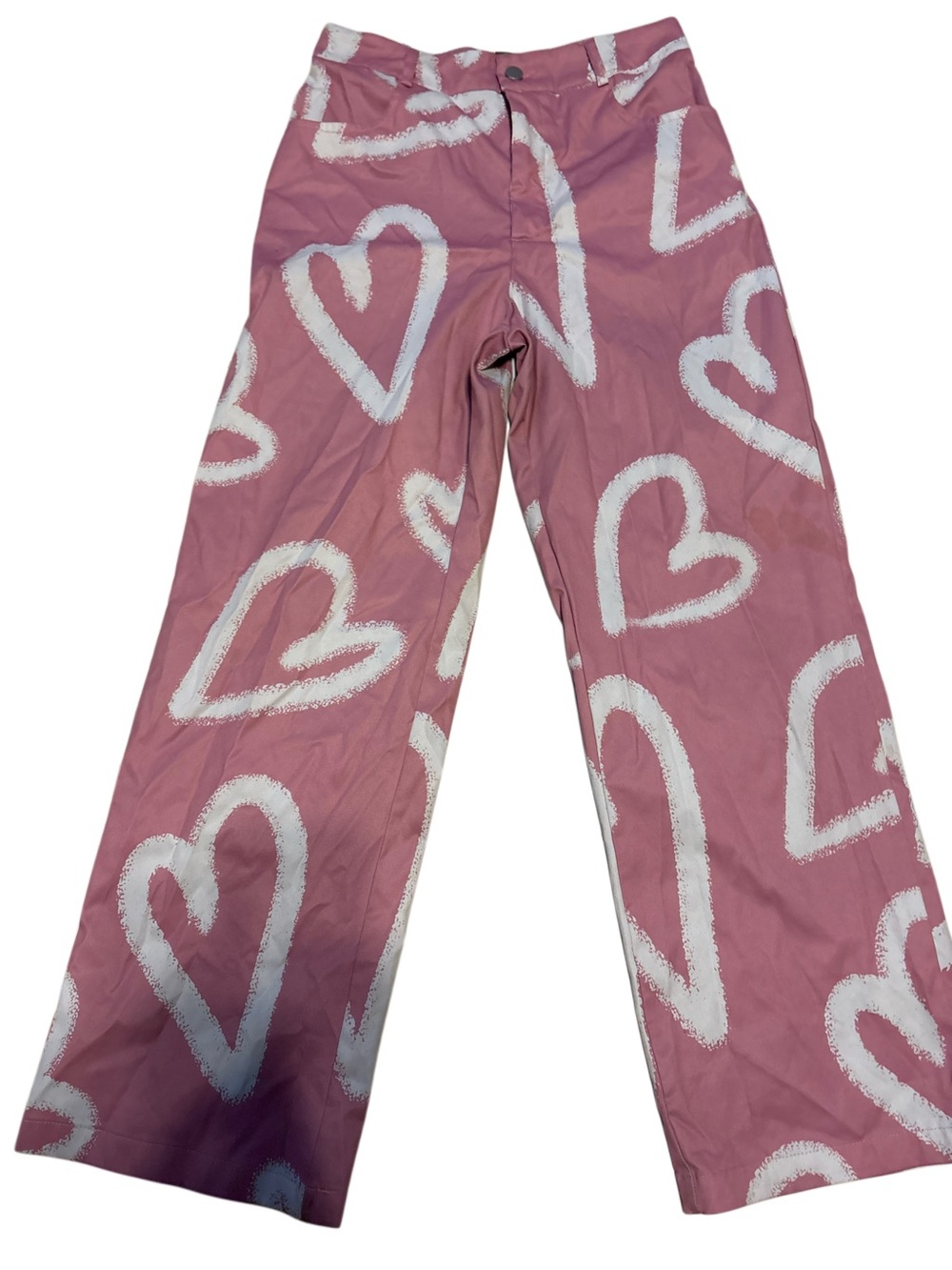 Source Unknown Pink Wide Leg Pants with White Heart Print